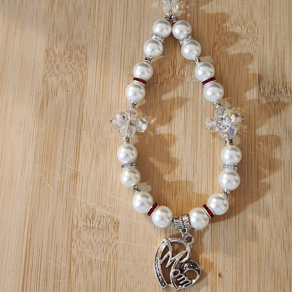 Hand Crafted Purse/Bag Charm Faux Pearls Crystals with Mom Pendant 8 1/4 inches